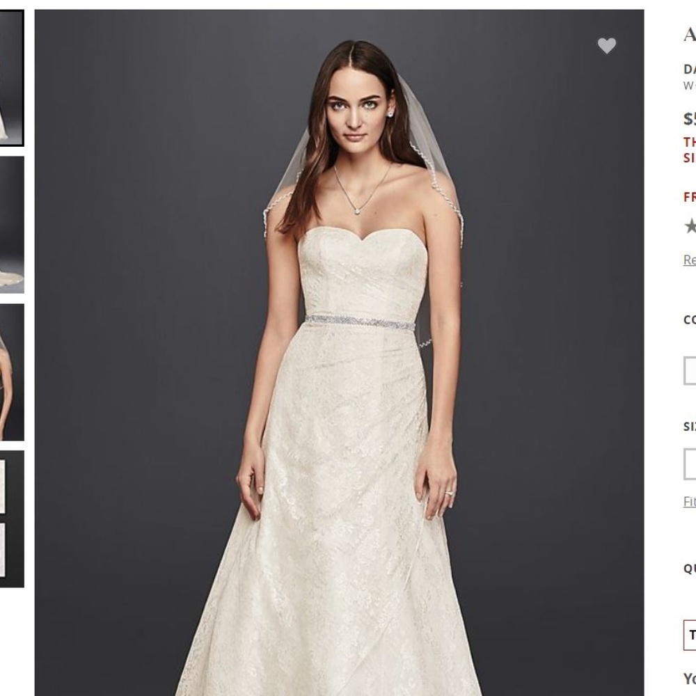 David's Bridal A-Line Strapless Lace Gown